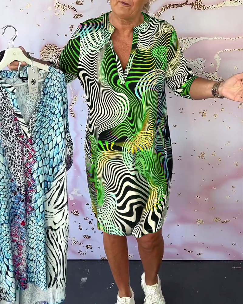 Olive Colorful printed pocket dress with v-neck and half sleeves